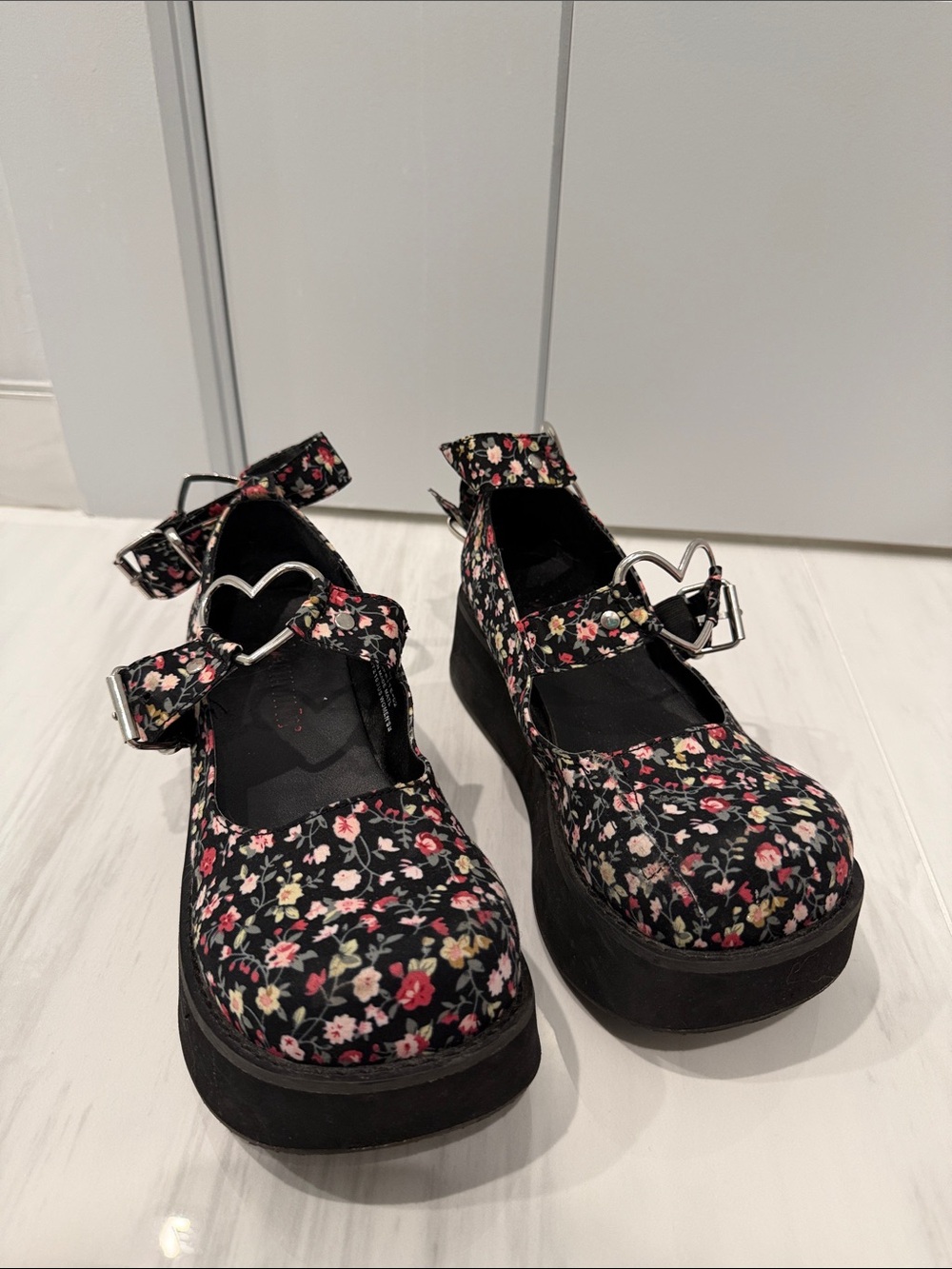 Demonia Black Floral Platform Mary Janes with Heart Buckles